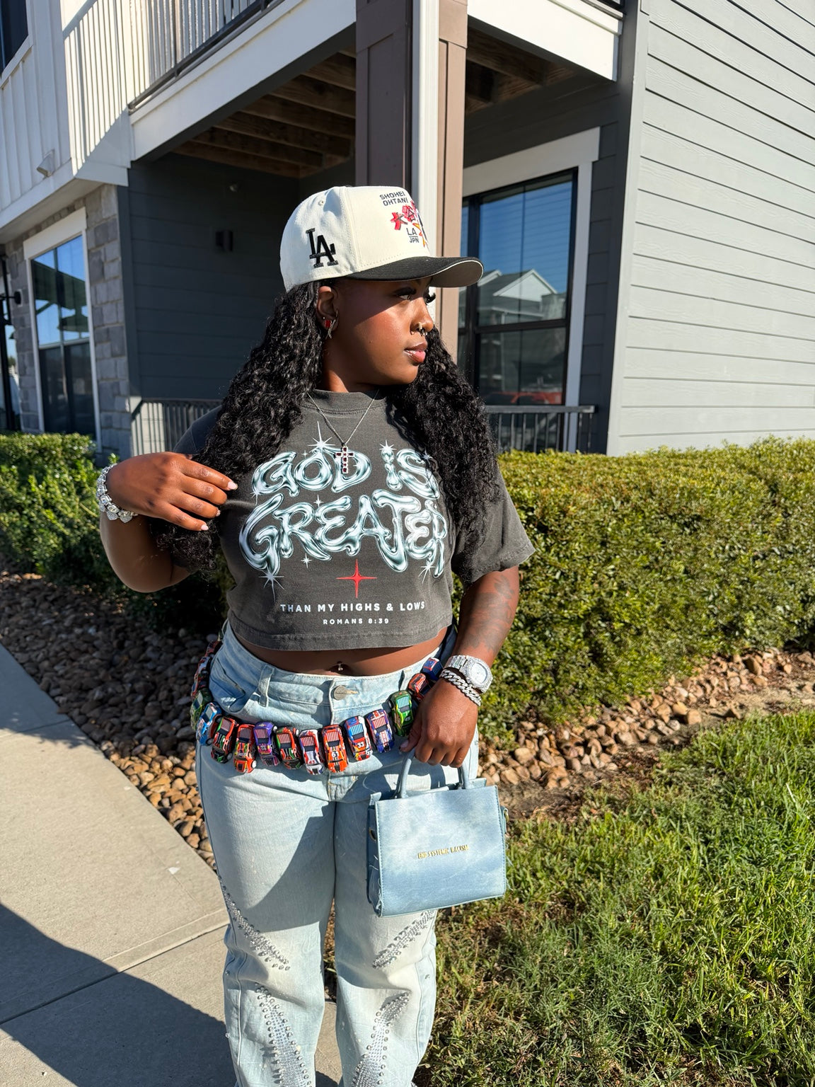 God Is Greater Vintage Gray Crop Tee